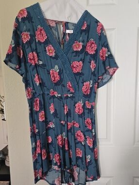 Xhilaration Teal Floral V-Neck Romper with Pink Blooms